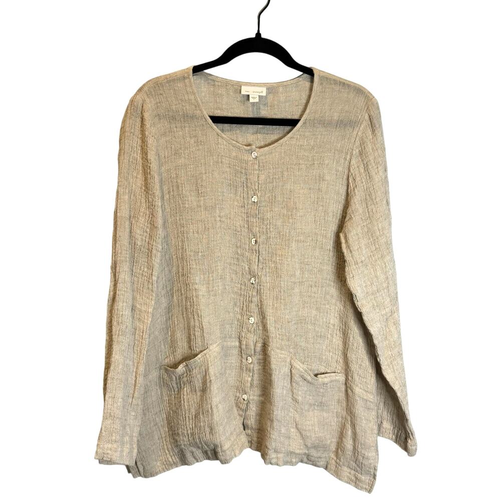 J. Jill Top Women's Pure Jill Beige Crinkle Linen Lagenlook Button Up Size Large - Picture 1 of 8